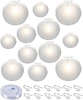 HAUSPROFI 12-Pack Round Paper Lanterns 6" 8" 10" 12" with 12 Warm White LED Lights & 54yd Line - Foldable for Weddings Parties Indoor Outdoor Decor