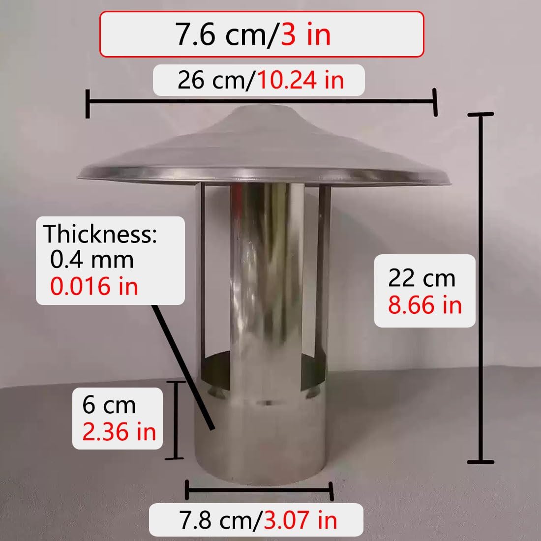 Osłona komina, osłona przeciwdeszczowa komina ze stali nierdzewnej, okap wentylacyjny do rur o średnicy 6-11,5 cm (8,9 cm/3,5 cala)(7.6 cm/3 in)