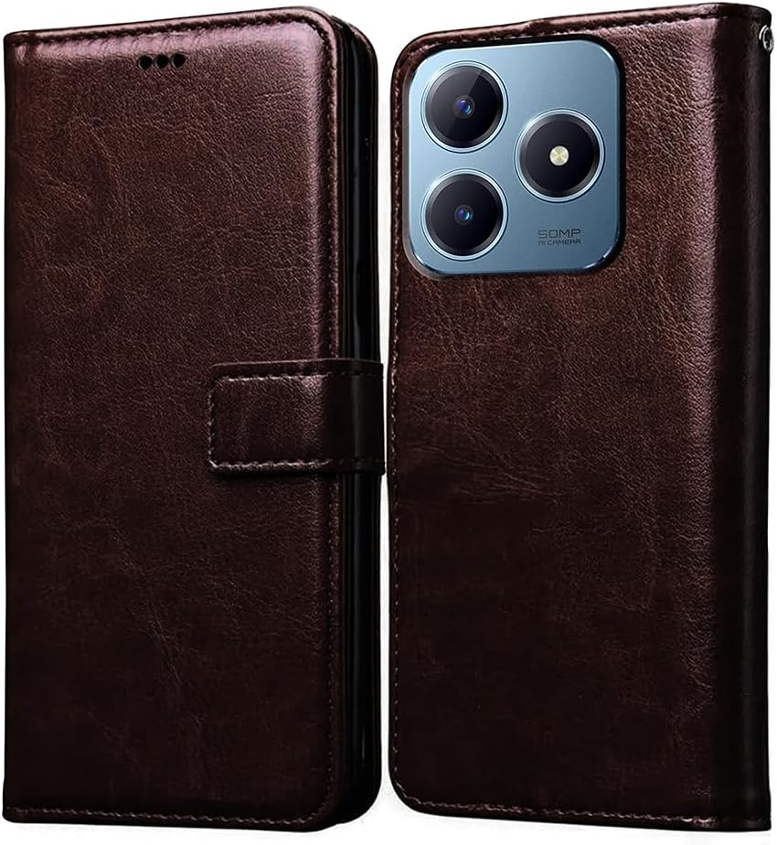 Casotec Flip Cover Back Case for Realme C63 4G | Premium Leather Finish | Inbuilt Pockets & Stand | Flip Cover Back Case for Realme C63 4G (Coffee)