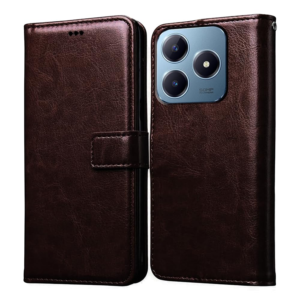 Casotec Flip Cover Back Case for Realme C63 4G | Premium Leather Finish | Inbuilt Pockets & Stand | Flip Cover Back Case for Realme C63 4G (Coffee)