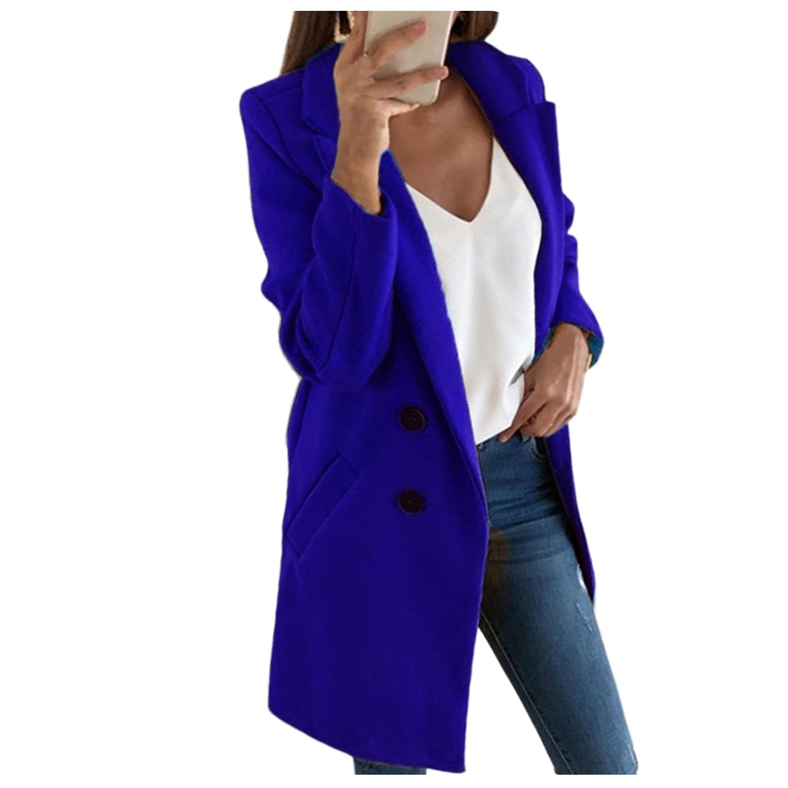 Womens Casual Wool Coat Notch Lapel Double Breasted Peacoat Winter Tartan Trench Coat with Pockets
