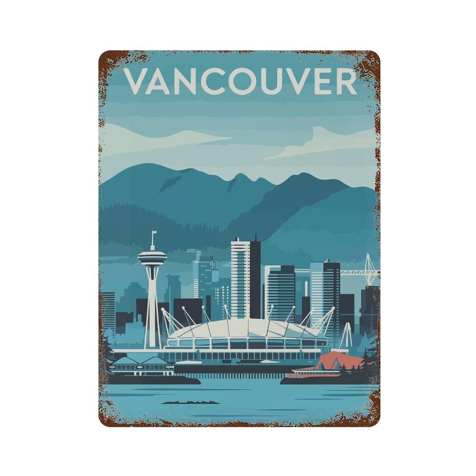 Rust Effect Vancouver Skyline Weathered Tin Sign 15.7"x11.8", Retro Wall Decor for Garage, Bar And Workshop Decor