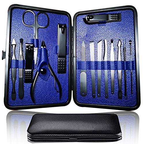 Manicure Kit Nail Clippers Set Professional Pedicure 15 Piece Black Stainless Steel Makeup Grooming Set Cutter Ear Pick Tweezers Scissors Nail file Gift for Man & Women (black/navy_15in1)…