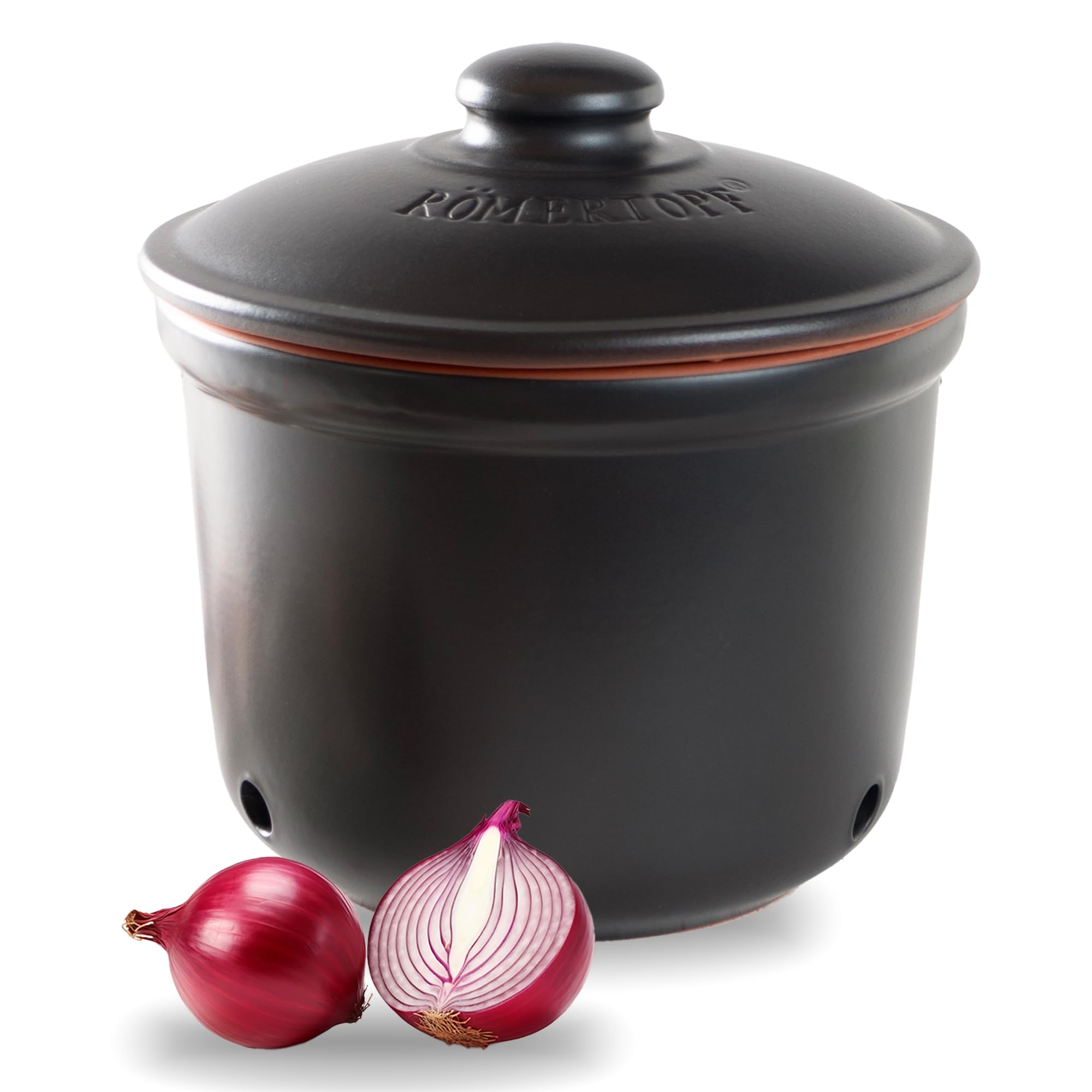 Romertopf Onion Storage Pot with Lid – Ventilated Clay Container, Keeps Onions Fresh, Black