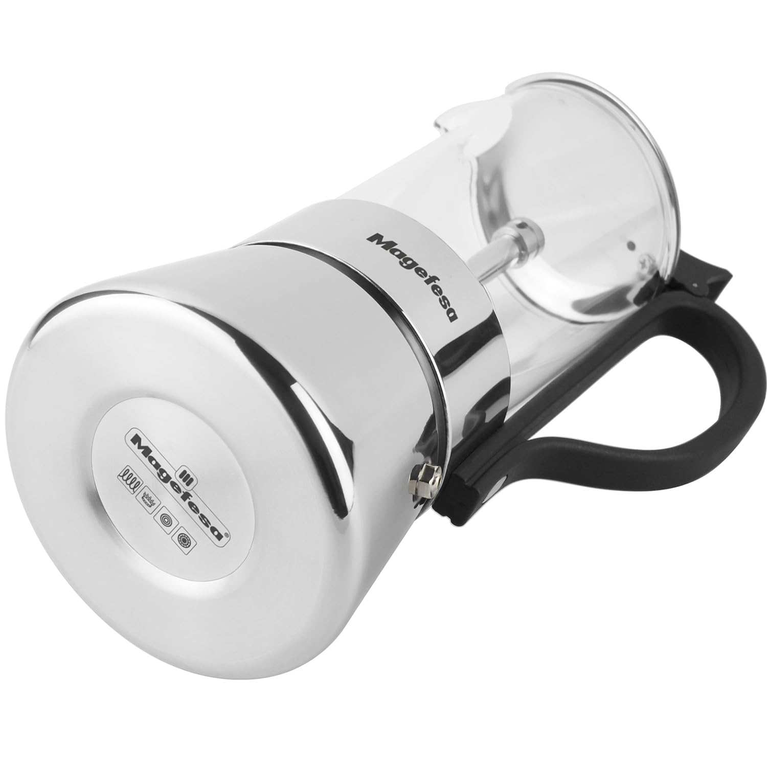 MAGEFESA Guinea Italienische Kaffeemaschine für 4 Tassen, 200 ml, Edelstahl und Glas, moderner Stil, Induktion, alle Herdarten, ergonomischer Griff