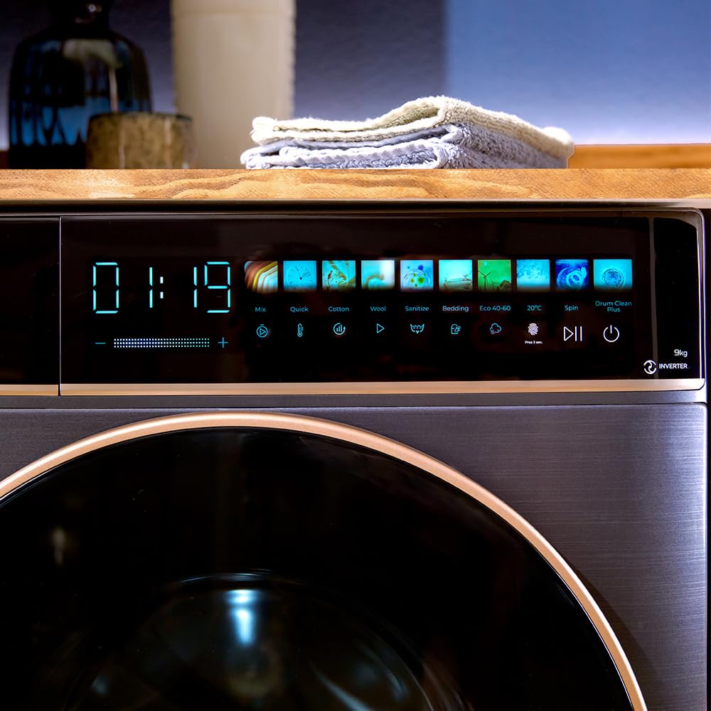 Cecotec Pralka 9 kg Front Bolero Load DressCode 9900 Inverter FullColor Ice Blue A. Wykończenie niebieskie 1400 obr./min, ekran 10.3", 11 programów, falownik, SteamMax, klasa A