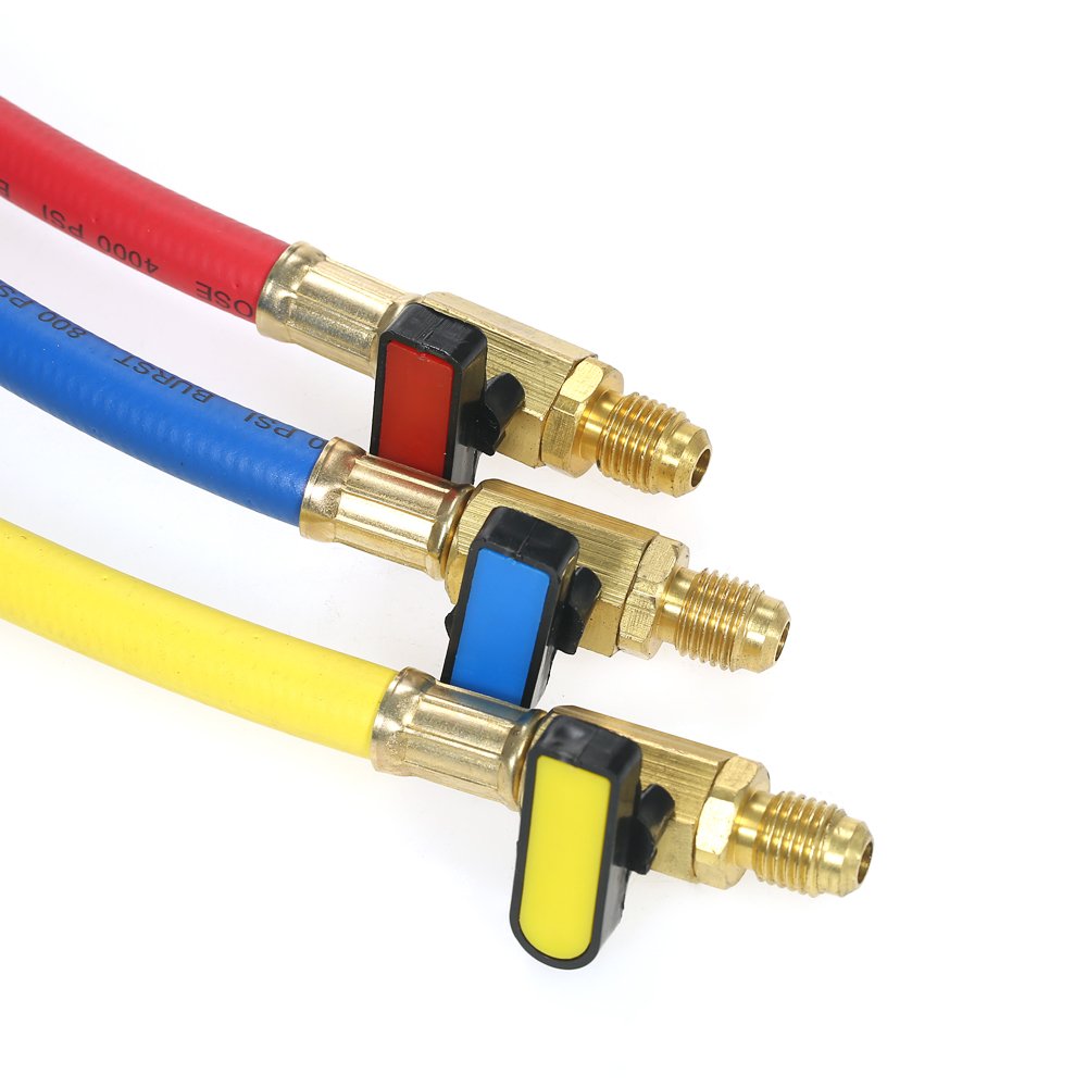 Set di 3 manometri R410A R22 R12 800 PSI Manifold Set A/C tubo di ricarica refrigerante ad alta pressione HVAC tubi di ricarica con valvola a sfera