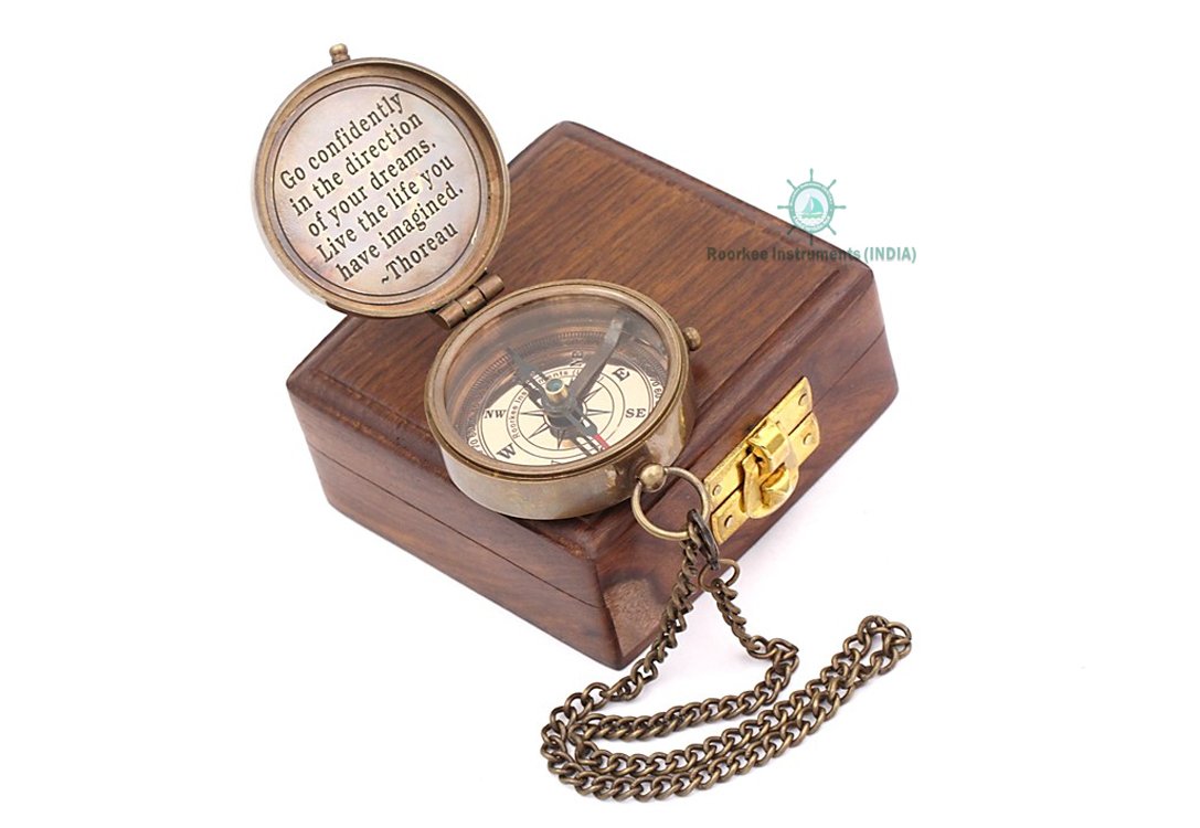 Roorkee Instruments Solid Brass Directional Magnetic Compass Antique Nautical Vintage Quote Engraved with Thoreau's Scripture, Baptism Gifts with Rosewood Case for Son