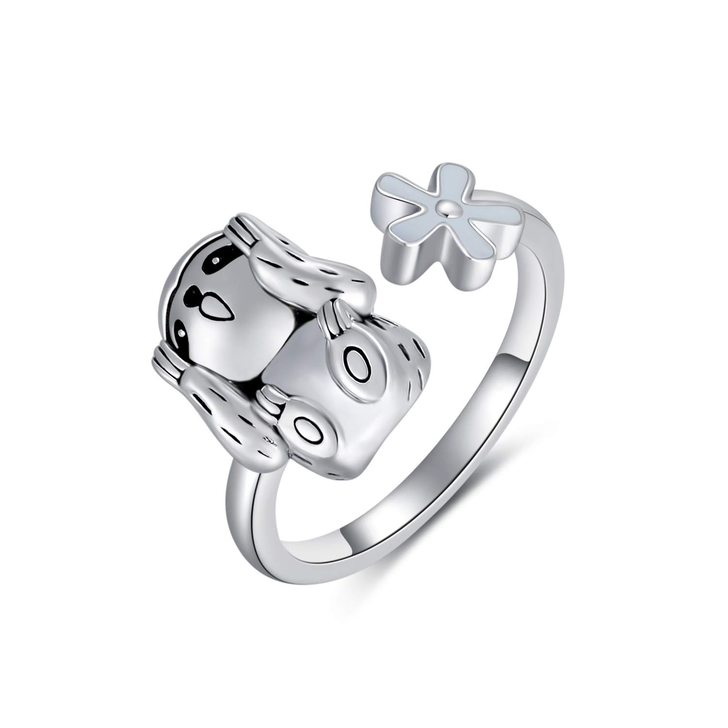 LONAGOSloth Open Ring 925 Sterling Silver Cute Sloth with Flower Adjustable Ring Jewelry for Women