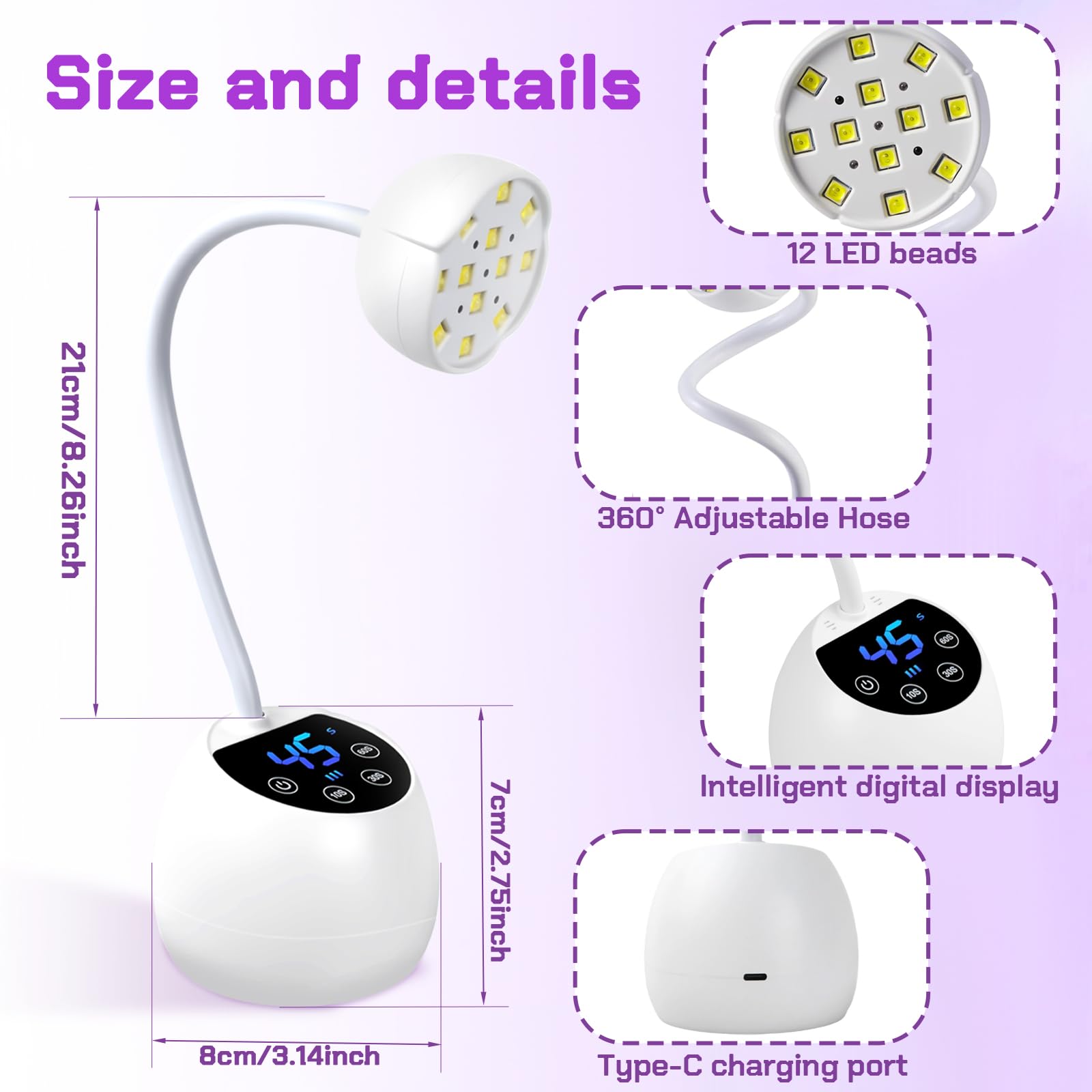 LED Mini Lámpara de Uñas, 36W Mini Lámpara UV Uñas con Sensor Automático Inteligente y 4 Modos de Temporizador, Portátil Recargable Secador de Uñas, Pequeña Secadora de Uñas para Hogar y Salón