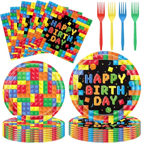 Building Block Birthday Party Supplies Disposable Multicolor Building Blocks Party Supplies Tableware Kit Includes Paper Plates Napkins Forks Set Birthday Party Decorations Serves 24