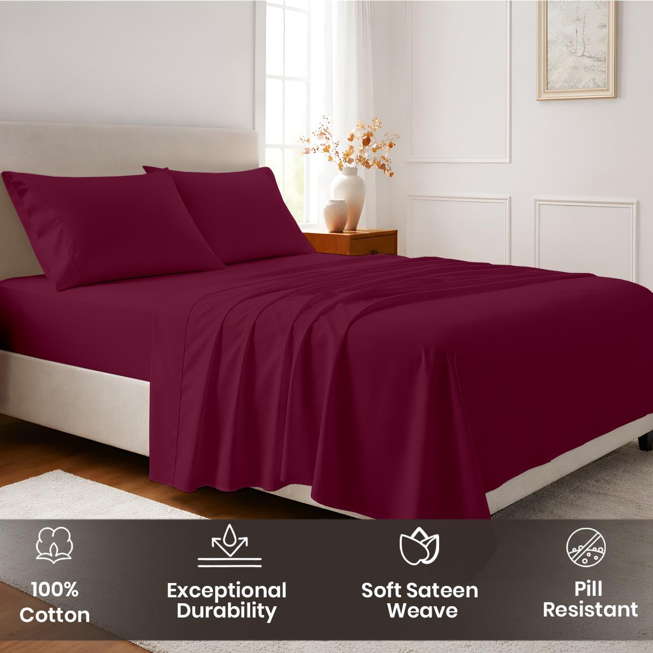 SGI bedding 1000 Thread Count Sheet Set Queen - 100% Egyptian Cotton Sheets – 16" Luxury Deep Pocket Bedding - Soft, Breathable & Premium - Hotel Sheets -Burgundy - Image 4