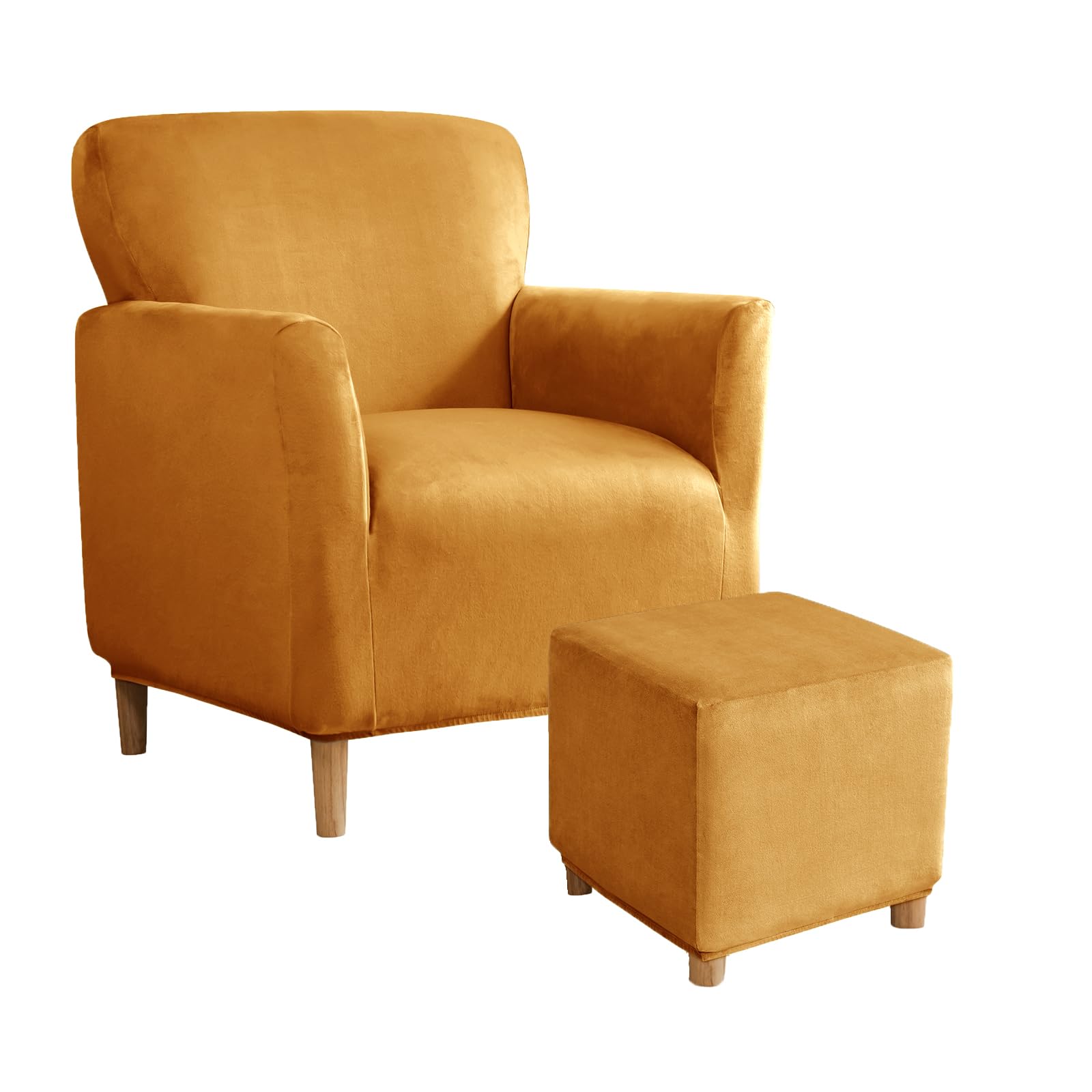 SYLC Stretch Velvet Armchair Sofa Covers with Ottoman Cover Rectangle/Square, Banquet Tub Chair Covers Footstool Slipcover Furniture Protector (Yellow,Chair+Ottoman Square L)