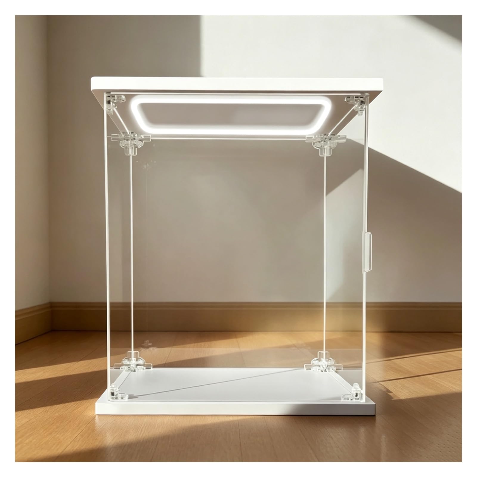 Vitrina acrílica con iluminación LED, Base Negra/Blanca