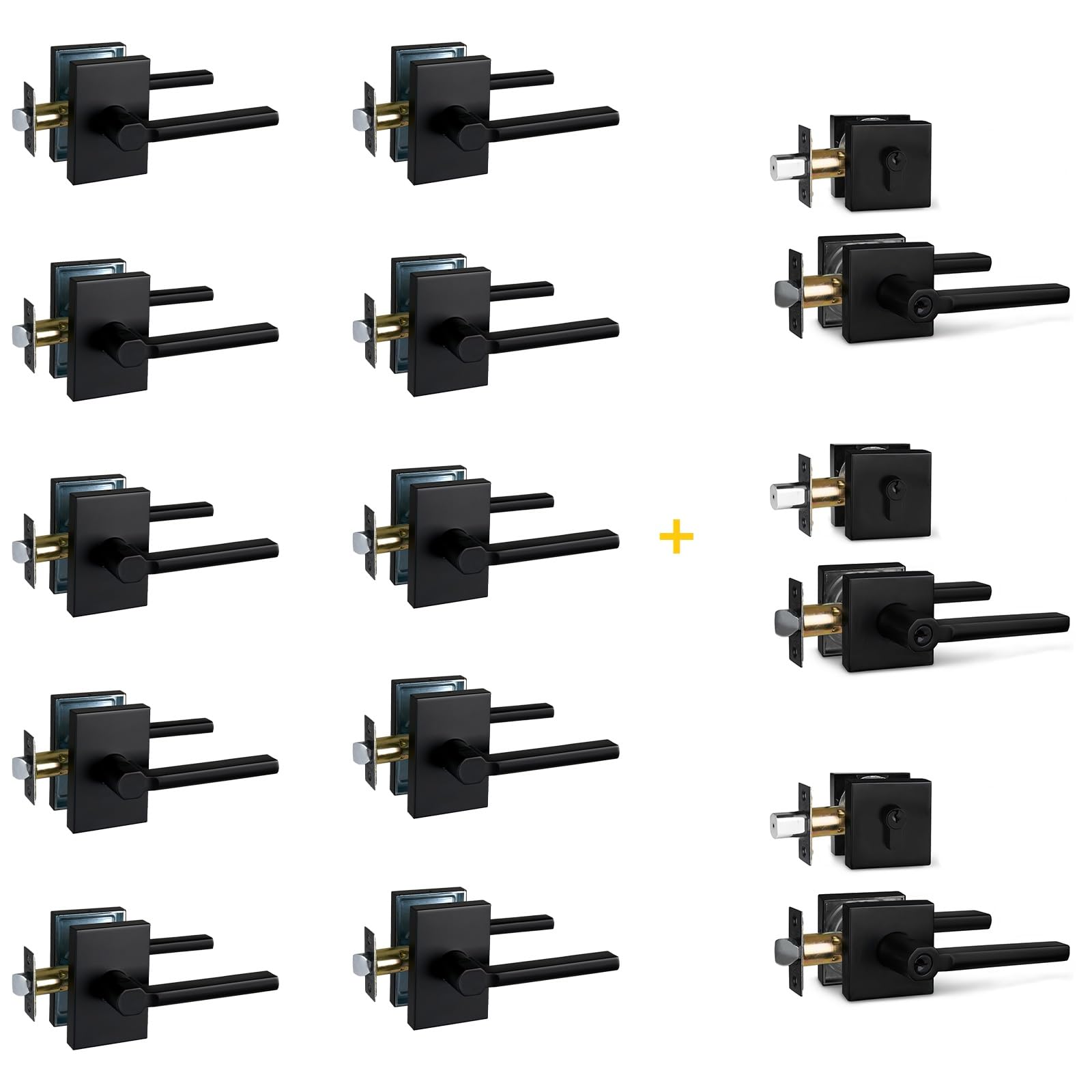 NEWBANG (10 Pack Privacy Lever + (3 Pack) Keyed Alike Entry Combo with Deadbolt in Matte Black