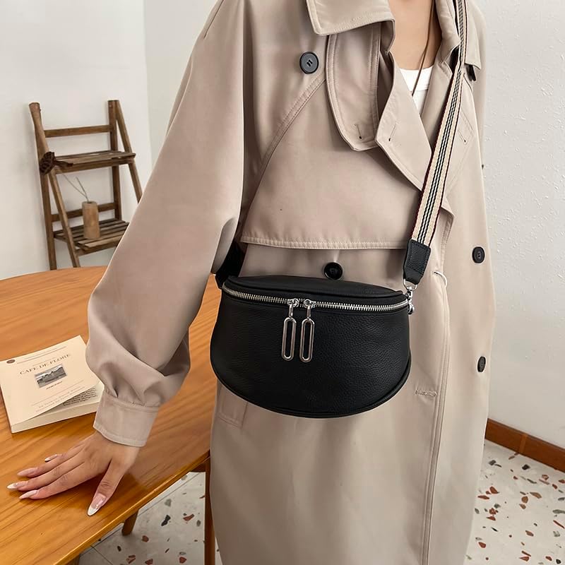 Leather Fanny Pack for Women - Minimalist Crossbody Sling Bag | Genuine Leather Chest Belt Bum Bag Waist Purse (Black) - Image 2