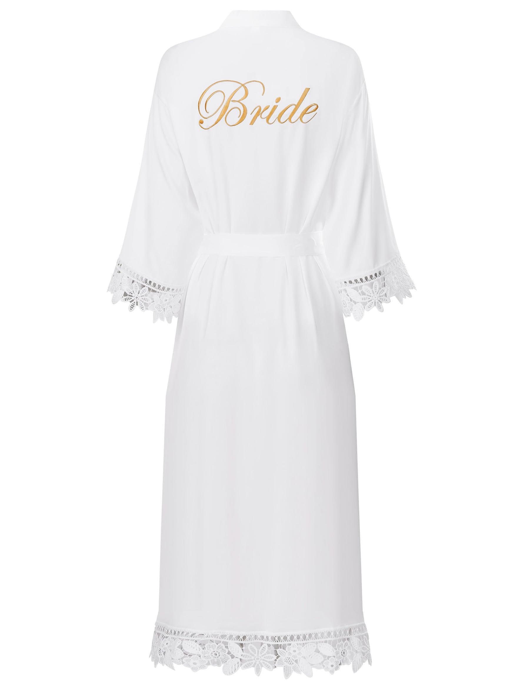 Womens Lace Trim Long Satin Kimono Bridal Robes for Bride and Bridesmaid - Wedding Gifts