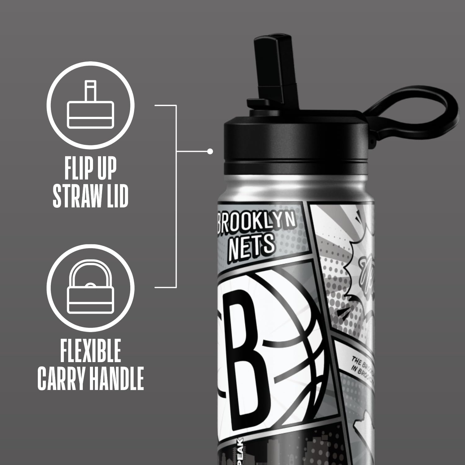 Hydrapeak x NBA Brooklyn Nets 20 oz Stainless Steel Water Bottle, Officially Licensed Double Wall Insulated Sports Bottle with Straw Lid, Reusable Leakproof Gift for Kids & Adults