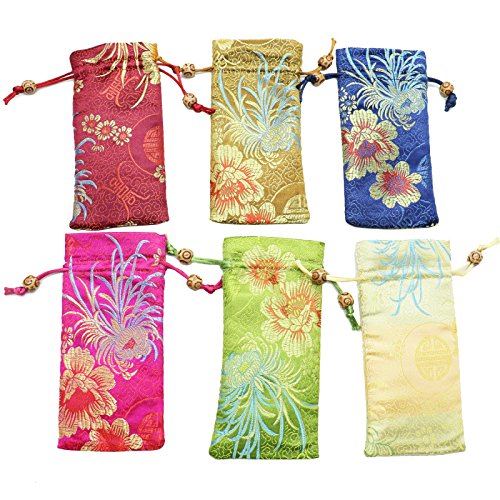 JETEHO Silk Brocade Pouch Bags, 6pcs Embossed Chinese Bead Drawstring Eyeglass Case Gift