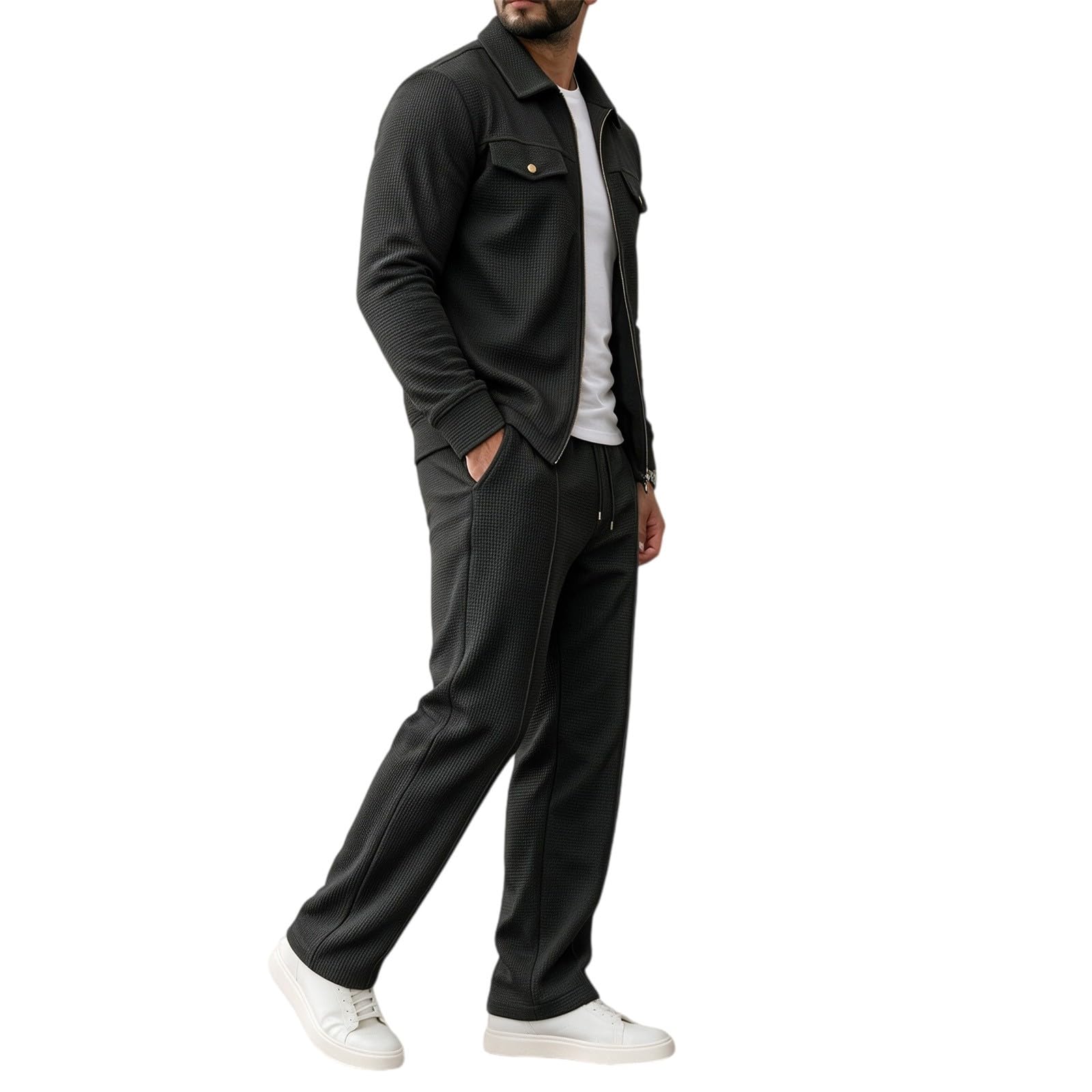 Uomo Tute Waffle 2 Pezzi Manica Lunga Cerniera Giacca & Pantaloni | Tuta Per Il Tempo Libero Sport Uomo Casual Giacca da Golf Pantaloni Jogging Tasca Set Casa Lavoro