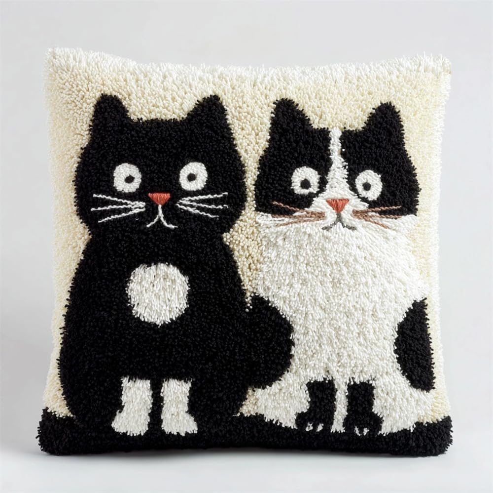 Kitphoenix Two Black And White Cats Latch Hook Kits Diy Throw Pillow Cover