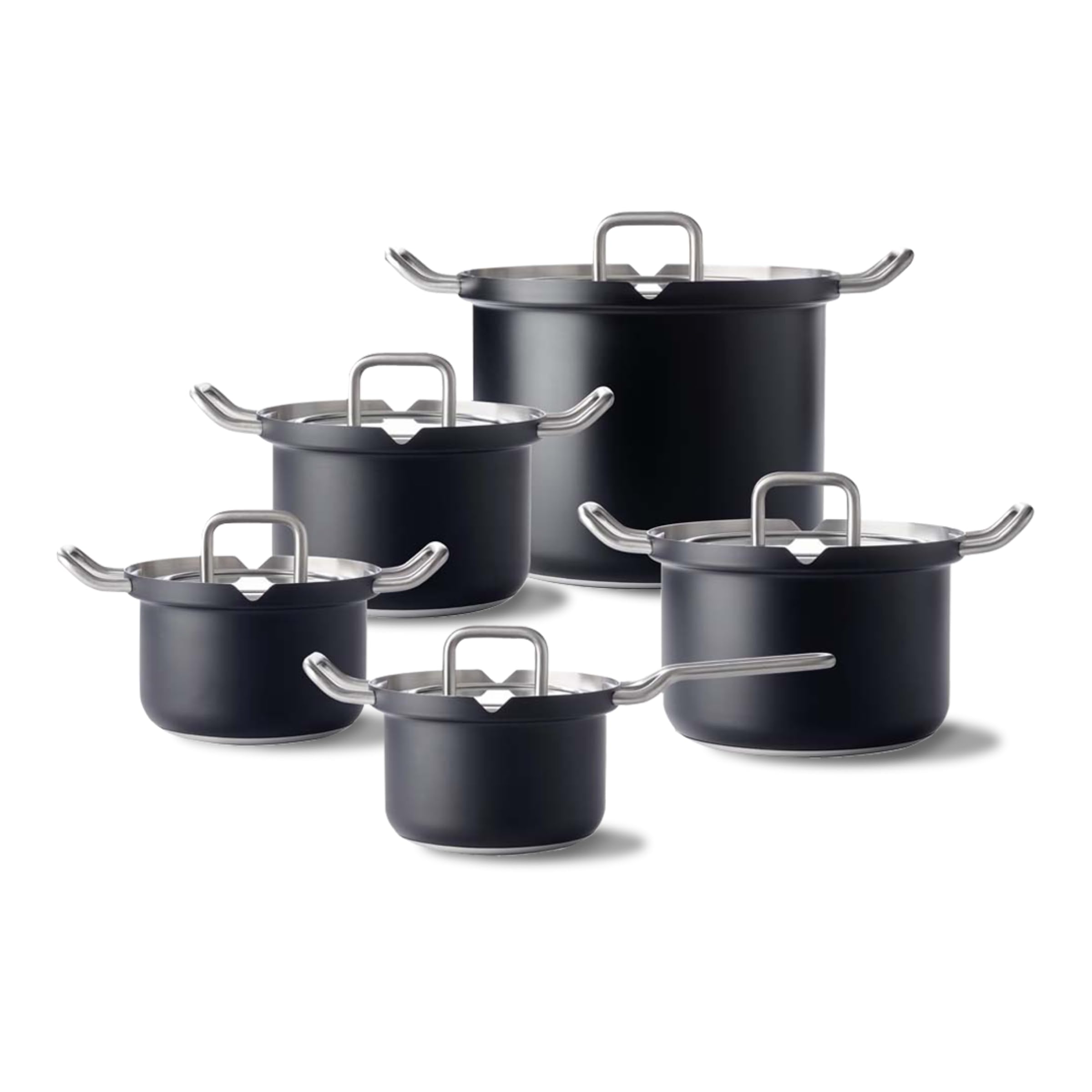 BK Q-Linair Master Glass Black stal szlachetna kompatybilne z indukcją 5 sztuk garnków i patelni ze szklaną pokrywką, bezpieczne w piekarniku do 220 C, uchwyty Stay Cool, nadają się do mycia w