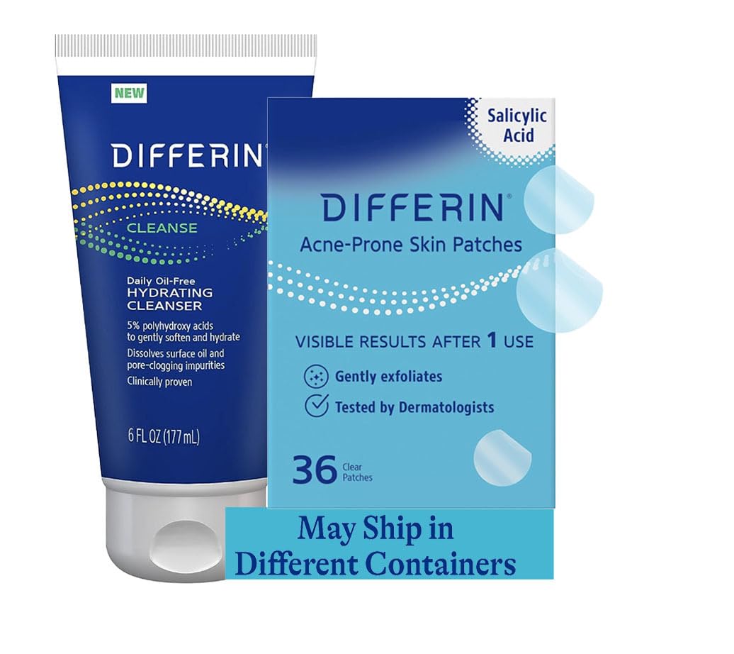Differin Hydrating Cleanser and Patch Set Contains 36 Power Patches 18 large and 18 small pimple patches for