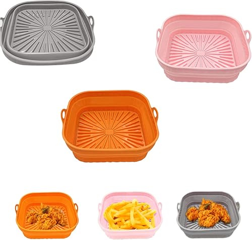 Forros de silicona plegables para freidora de aire, paquete de 3 ollas de silicona de 8 pulgadas, reutilizables, cuadradas, de silicona, aptas para