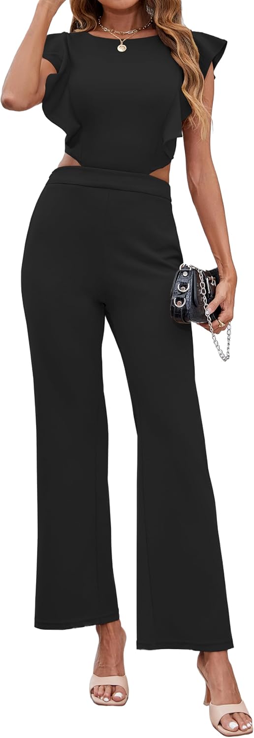 Women's Summer Jumpsuits Dressy Ruffle Sleeves Boat Neck Wide Leg Pant Rompers Casual One Piece Outfits with Pockets Black Medium