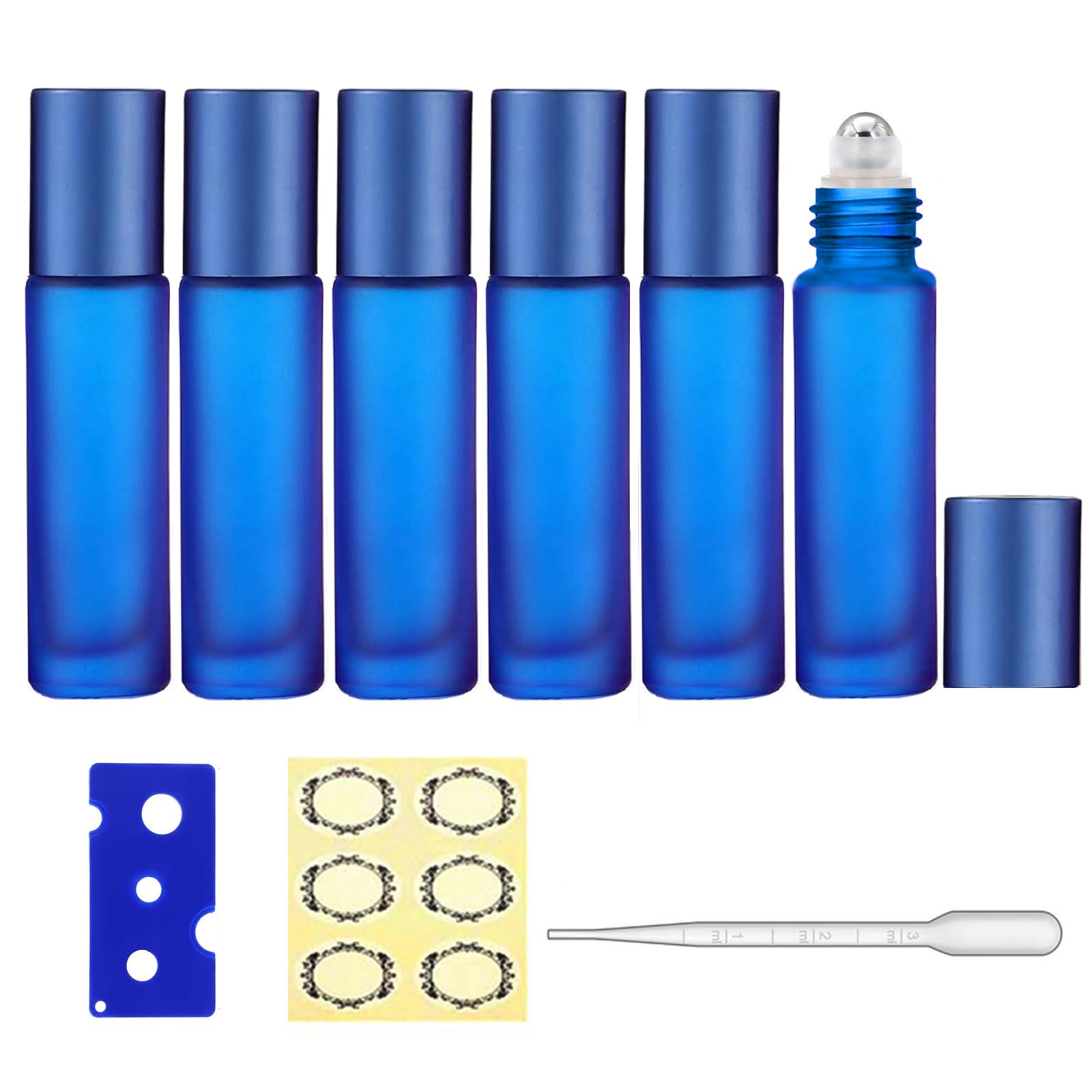 Apstaqeoo Essential Oils Roller Bottles, 6pcs 10ml Roll on Bottles with Stainless Steel Ball, Frosted Glass Roller Bottle with Bottle Opener/Dropper/Label for Essential Oil, Aromatherapy (Light Blue)