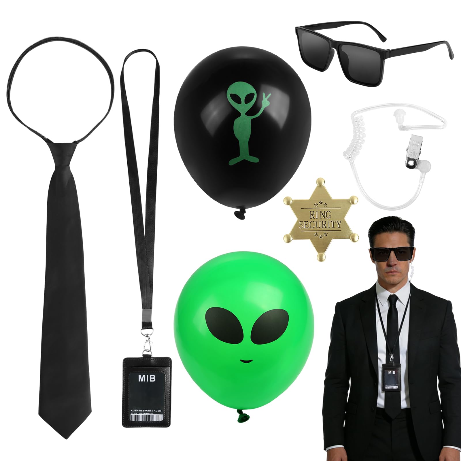 FAMCUCHE 8 Pcs Men in Black Costume Set for Adults, Secret Agent Costume Accessories with Tie ID Badge Earpiece Sunglasses, Halloween Cosplay Carnival Fancy Dress Up for Men Women