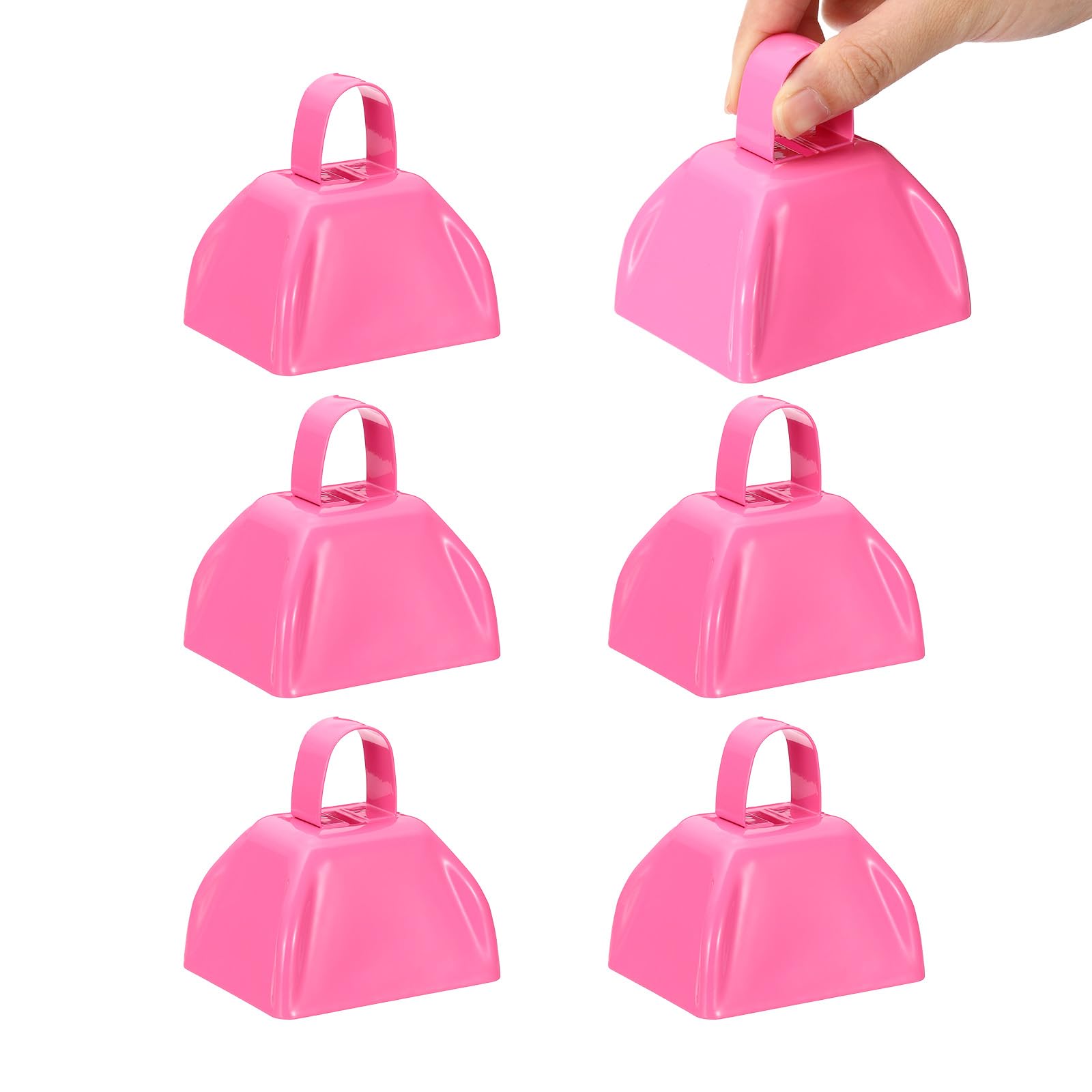 PATIKIL 6pcs Cow Bells for Football Games 3inch Cowbells for Sporting Events Bulk Loud Noise Makers Metal Cow Bell with Handle for Cheering Wedding,Pink
