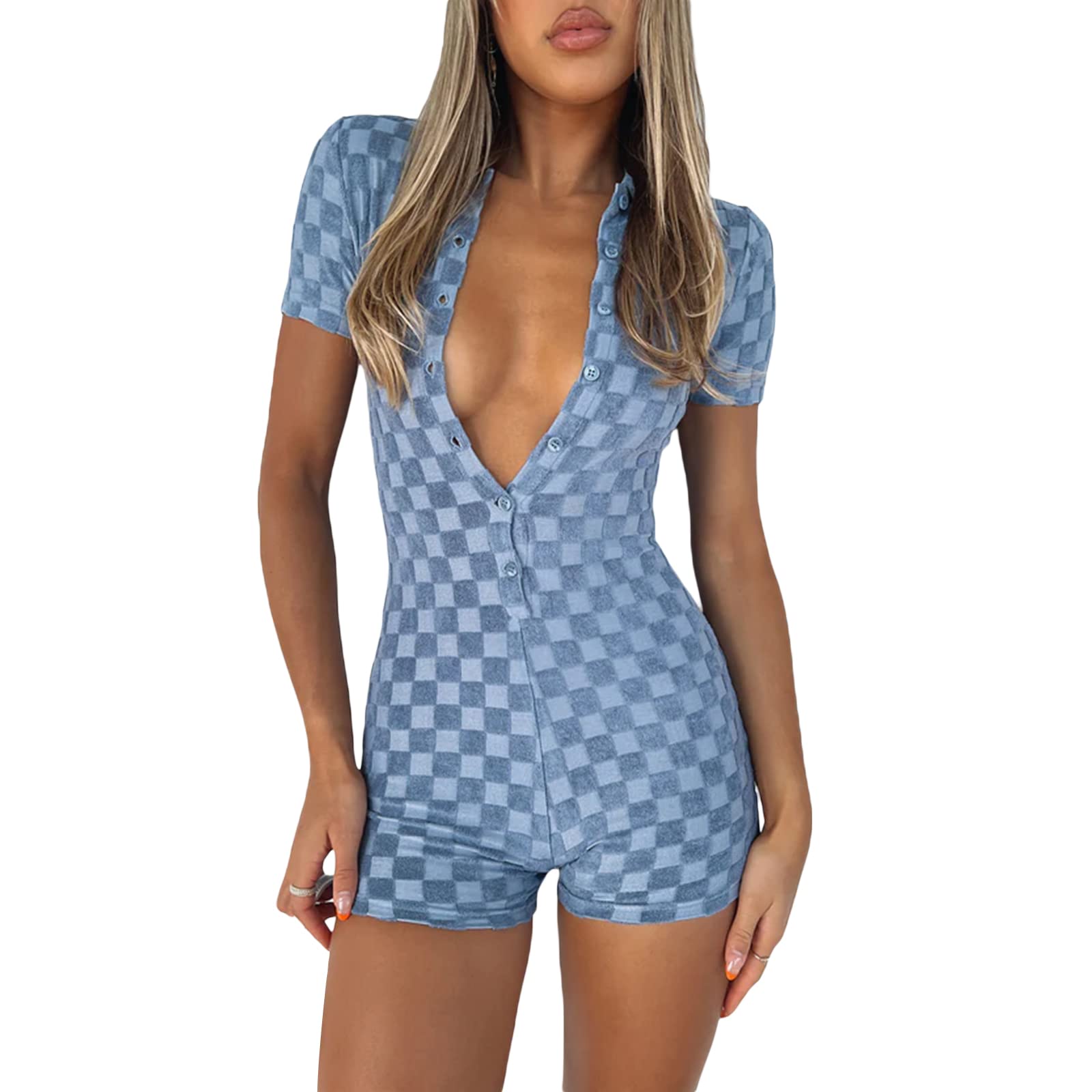 Ybing Tuta corta da donna, estiva, casual, con scollo a V, elegante, a maniche corte, con tasche, in cotone, lino, gamba larga, pantaloni estivi da