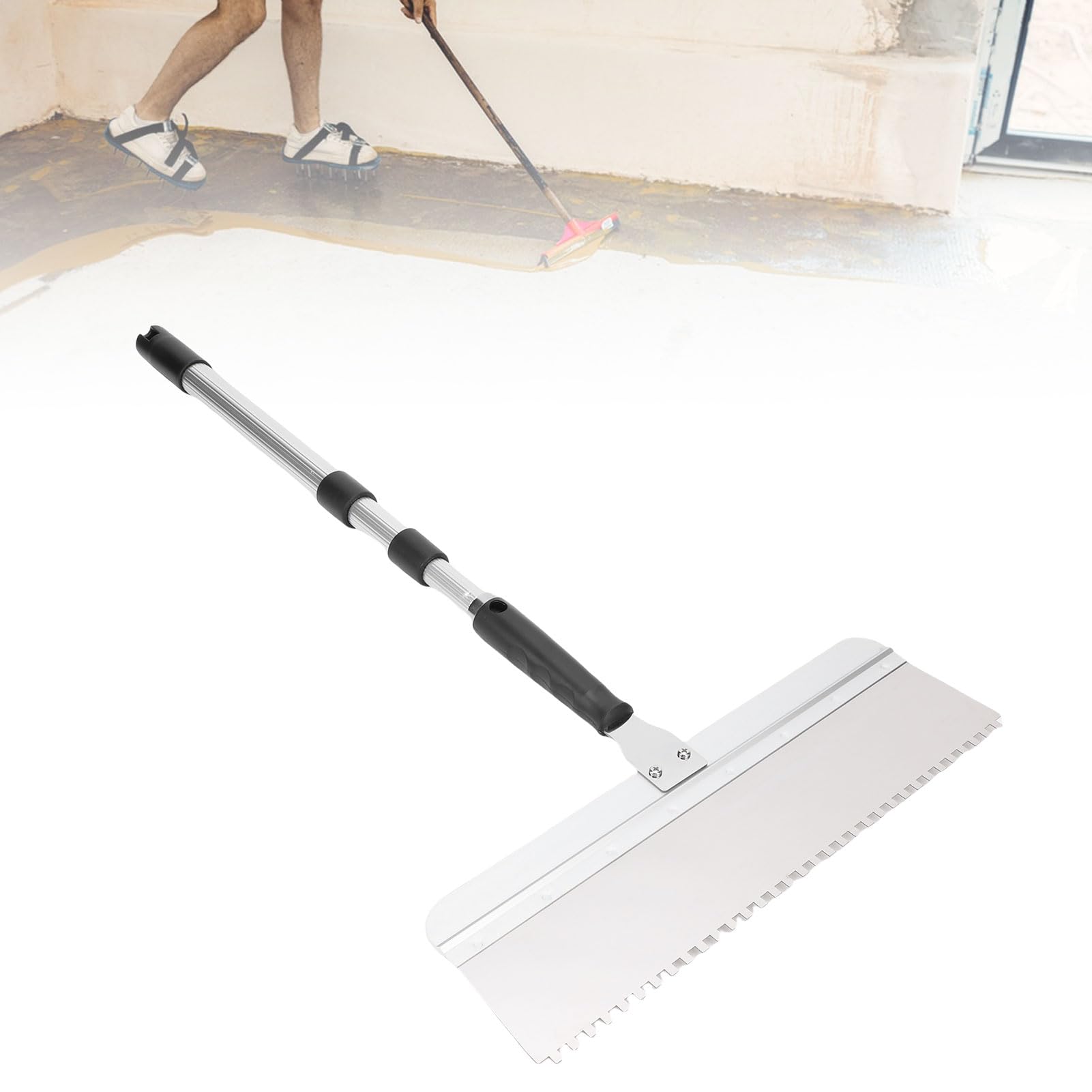 Juego de raspadores de suelo de 40,6 cm, hoja intercambiable con mango roscado, espátula de goma ajustable con muescas para autonivelación, ideal para limpieza de azulejos y concreto