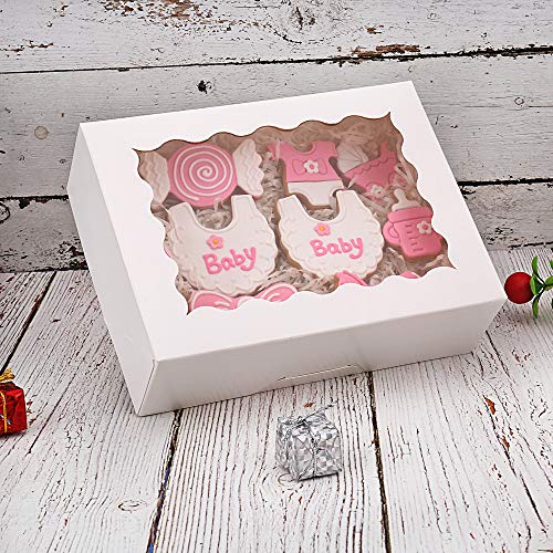 Tcoivs 30-Pack Cookie Boxes 8" x 6" x 2.5", Small Bakery Boxes with Window, Auto-Popup Treat Boxes for Chocolate Covered Strawberries (White)