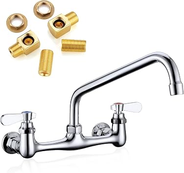 Wall Mount Faucet 8 Inches Center Commercial Kitchen Faucet, 12 Inches Swivel Spout Wall-Mount Utility Sink Faucets, 2 Handle Wall Mounted Faucets for Kitchen Laundry Room Restaurant