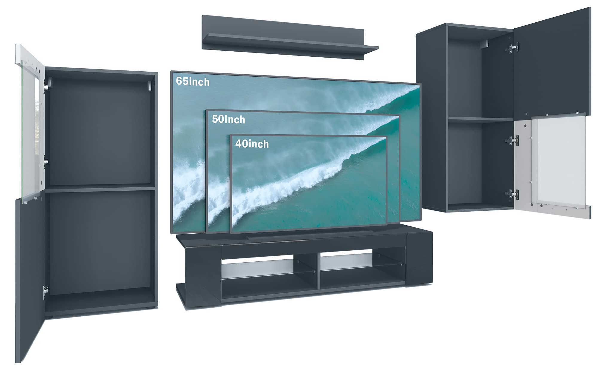 Vladon Wohnwand Movie, Anbauwand bestehend aus 1 TV-Board, 2 Vitrinen und 1 Regal, Schwarz matt/Schwarz matt/Avola-Anthrazit, inkl. LED-Beleuchtung weiß (Gesamt: 300 x 190 x 39 cm)