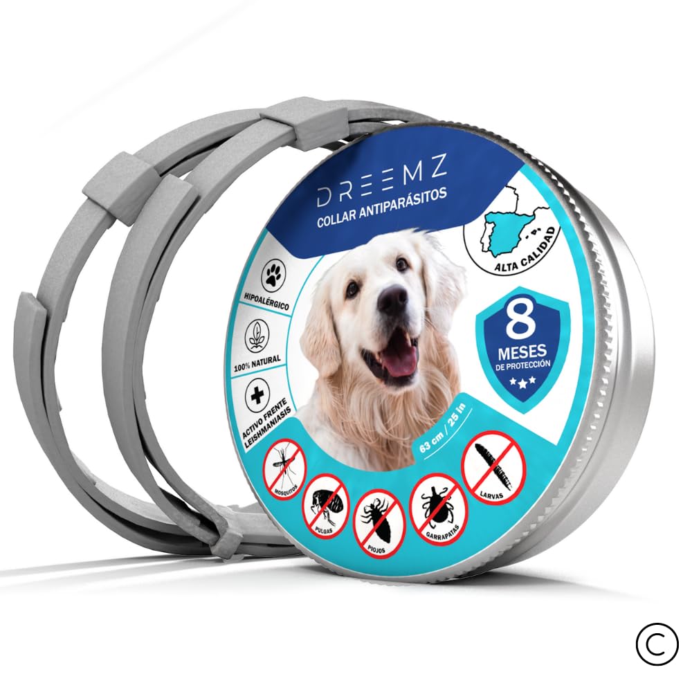 DREEMZ ® Collar Antiparasitario Perros-Collar Antipulgas-Collar contra pulgas, garrapatas y Mosquitos, 8 Meses protección-63cm Ajustable Todos tamaños-100% Natural-Impermeable-Repelente-2 unid Gris