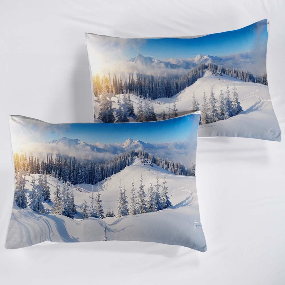 Set Copripiumino Matrimoniale 240x220 Montagne Innevate Microfibra Morbida Biancheria da Letto Stampa 3D Paesaggio Invernale Copripiumino con Cerniera con 2 Federe 50x80 cm e.264
