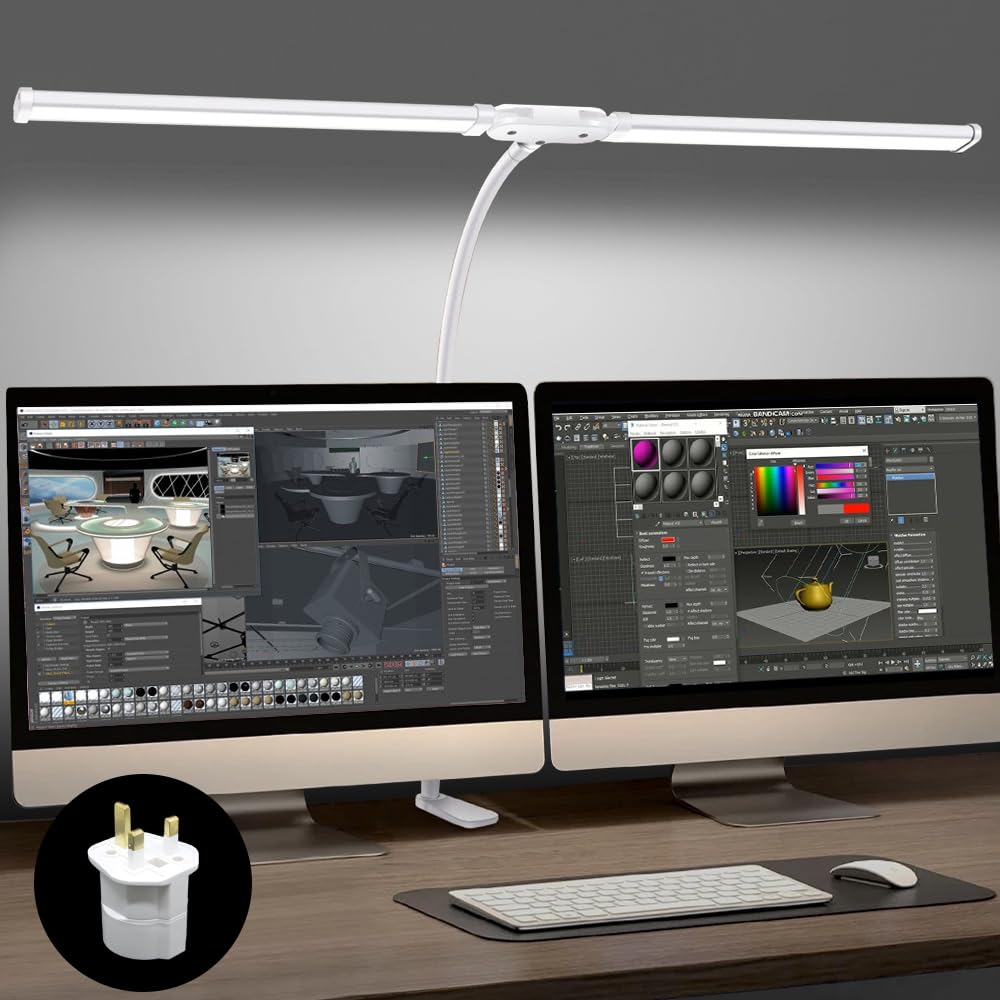 LEDPTS.jP Led Desk Lamp for Office Home, Bright Double Head Desk Light with Clamp, Architect Task Lamp 25 Lighting Modes Adjustable Flexible Gooseneck (Double headed WHITE)