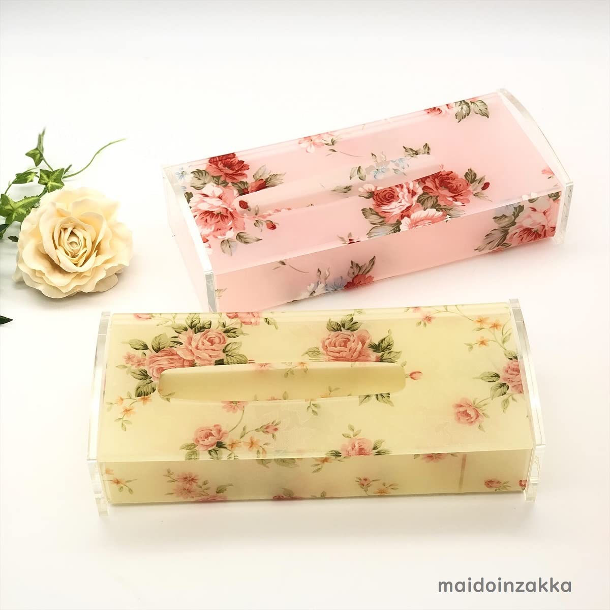 Amazon｜紅ローズ ティッシュケース 光沢 アクリル バラ 薔薇柄 綿棒