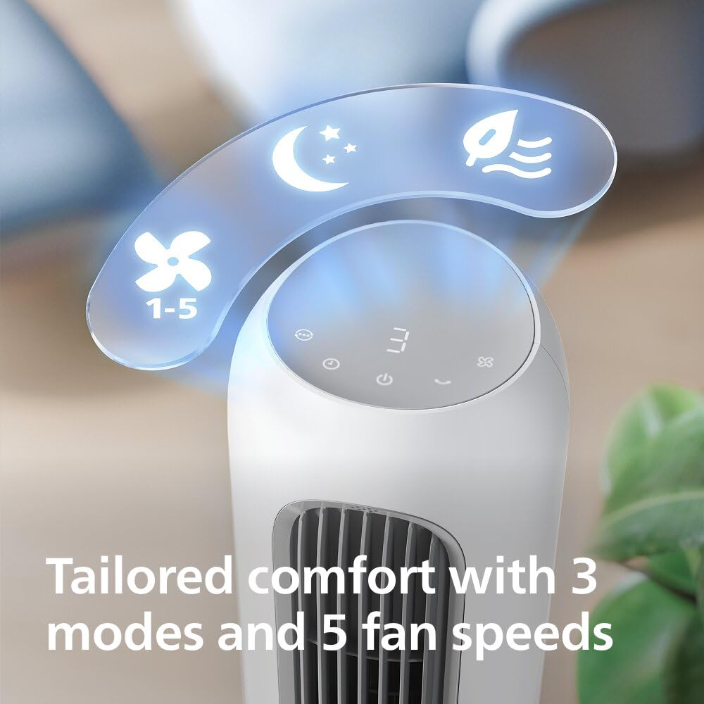 Philips Ventilatore a torre Serie 5000 - Potente 8,1 m/s ma ultra-silenzioso 24 dB, basso consumo energetico, 5 velocità, modalità Sleep, timer 9 ore, oscillazione 80°, Bianco (CX5550/00)