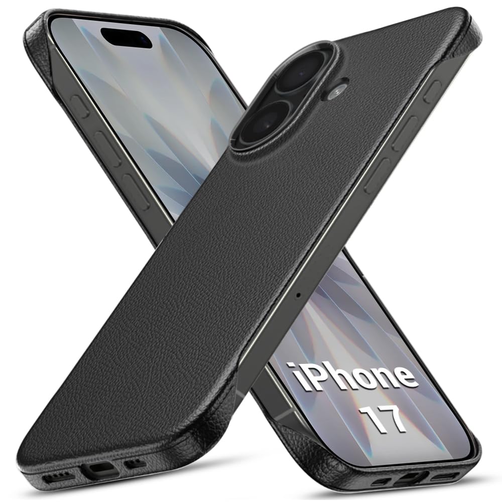 TheGiftKart Hybrid Ultimate Slim Back Case Cover for iPhone 17 | Lightweight Profile | Hard Back Case Cover for iPhone 17 (PC & TPU, Metal Camera Ring, Leather Texture Finish, Black)