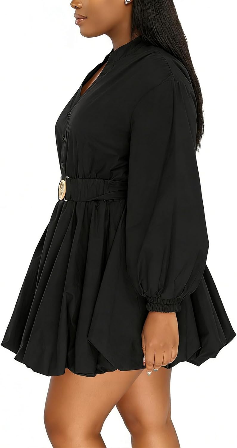 ENOPINK Womens Mini Dress Puff Sleeve Dresses 2026 Button Down Sexy V Neck A Line Party Clubwear with Belt - Image 4