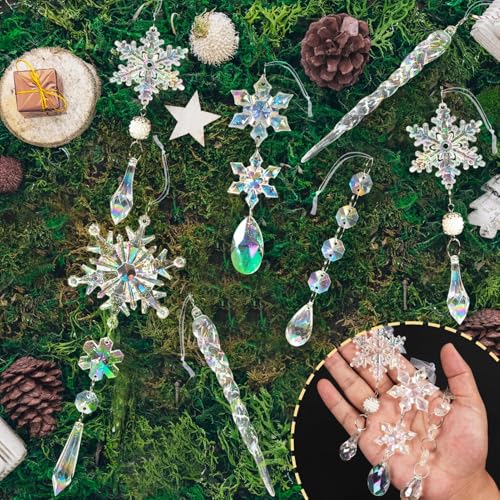OuMuaMua Christmas Tree Decoration Crystal Ornaments - Hanging Acrylic Christmas Snowflake Icicle Drop Crystal Ornaments for Christmas Tree Winter New Year Party Supplies - Image 3