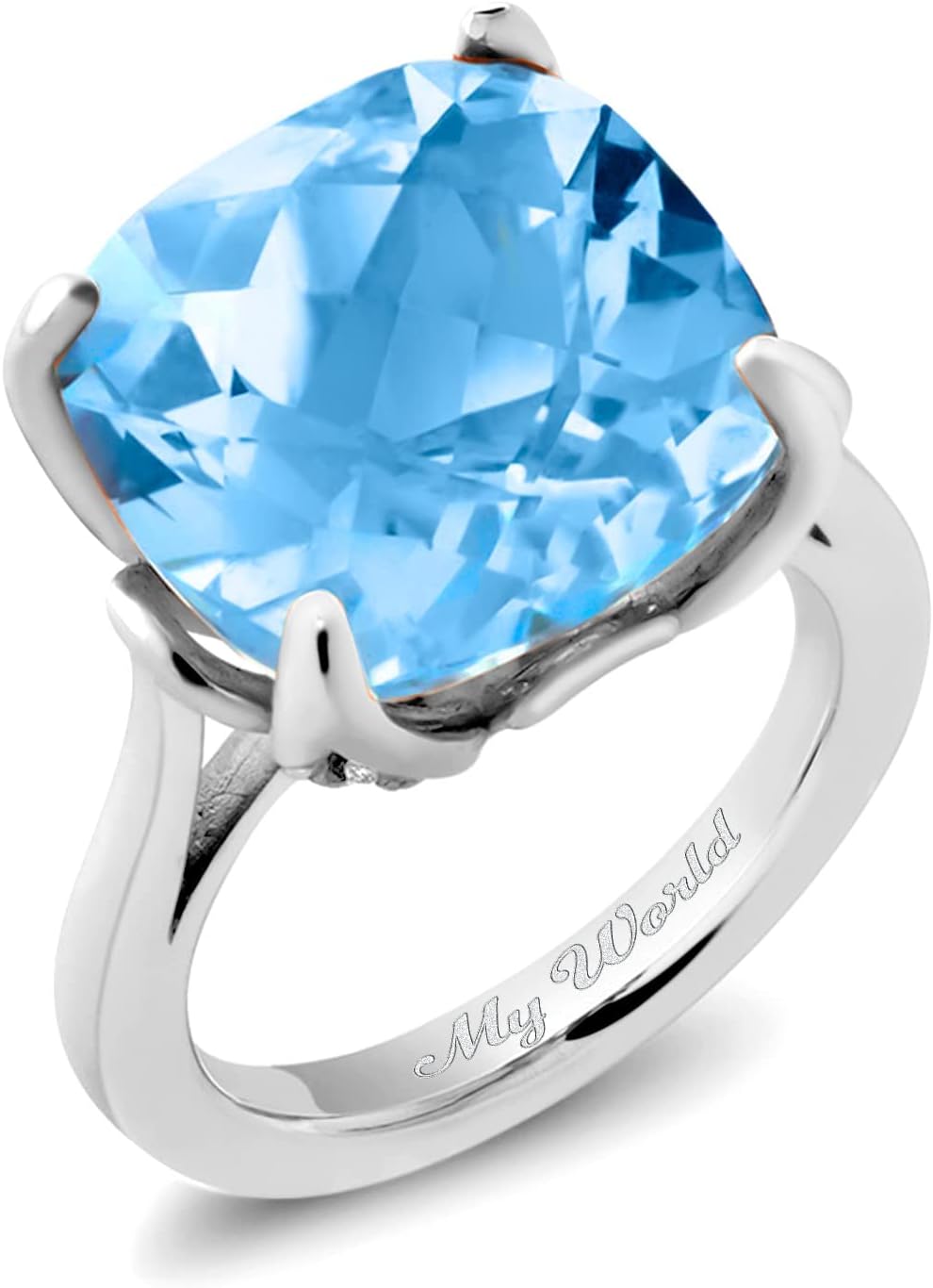 Gem Stone King 925 Sterling Silver Customized and Personalized 14MM Cushion Cut Gemstone Birthstone Name Engraved Ring For Women (9.18 Cttw)