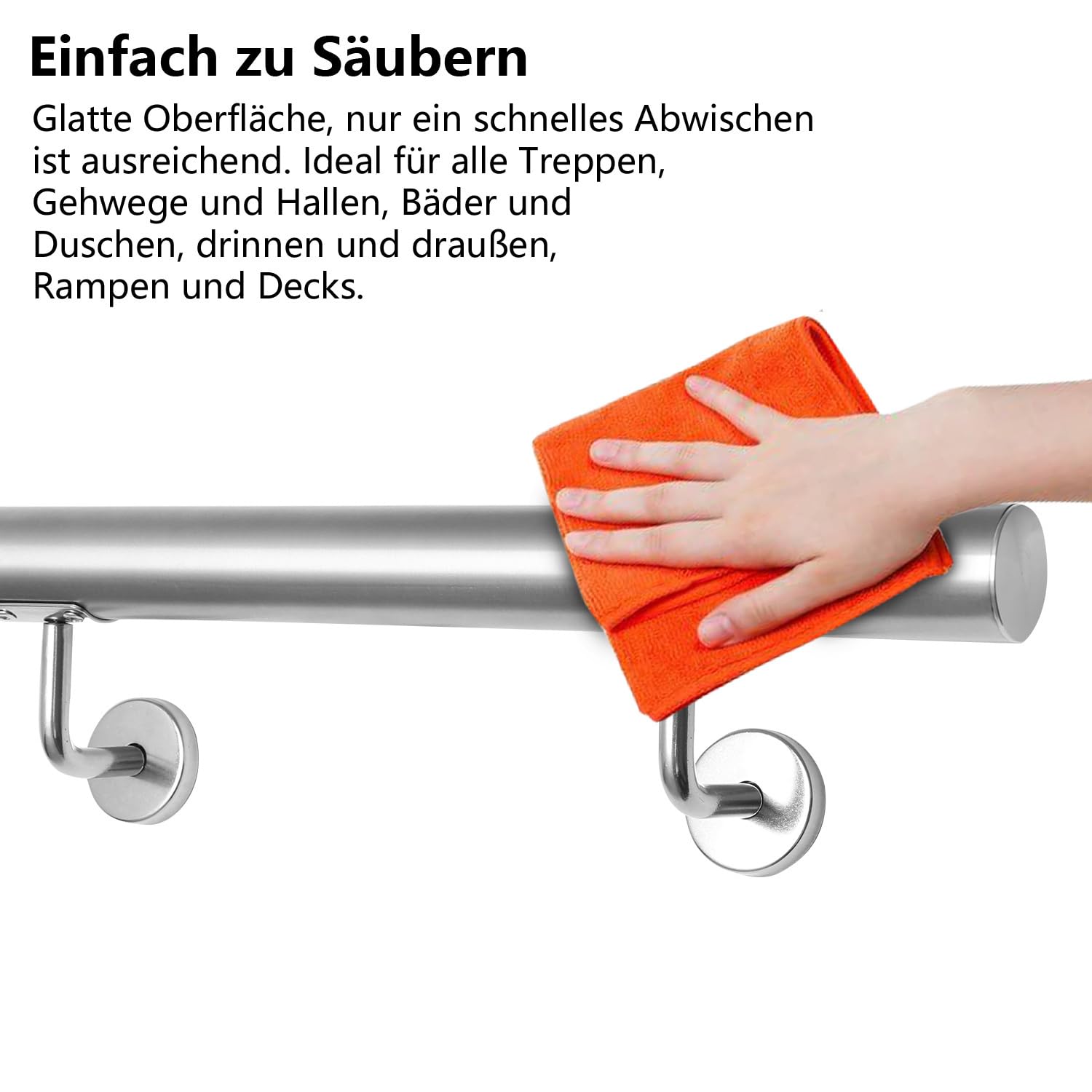 Handlauf Edelstahl,Treppengeländer Wandhandlauf Innen & Außen,Geländer Handlauf Treppe,inkl. Wandhalterung und Endkappen, Rund Ø42mm,Treppe Wandhalter Haltegriff Stange, Länge:180 cm