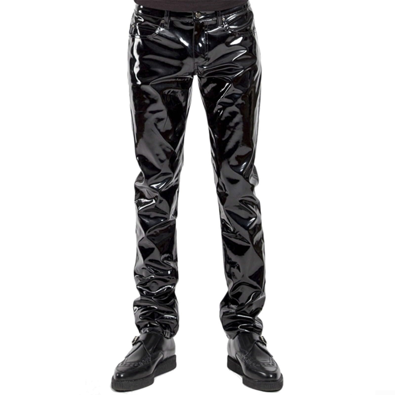 Pantaloni in pelle da uomo, in finta pelle nera, in PVC, pantaloni da motociclista a vita bassa, leggings lunghi per club, danza, palcoscenico, spettacoli gotici