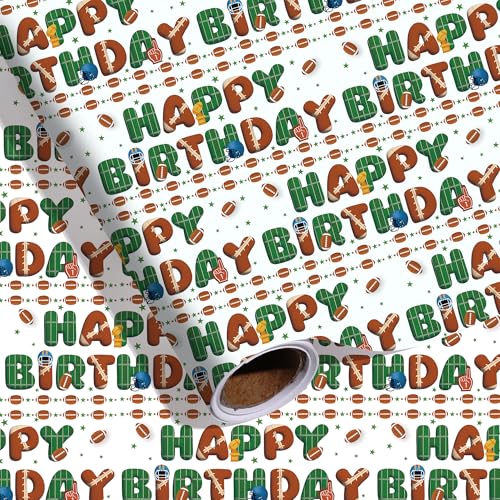 Pineraap Football Birthday Wrapping Paper Roll Brown Green Football Gift Wrap Paper Sports Theme Gift Packing Paper Art Paper for Happy Birthday Baby Shower Party Boys 17Inch x 16.5Feet