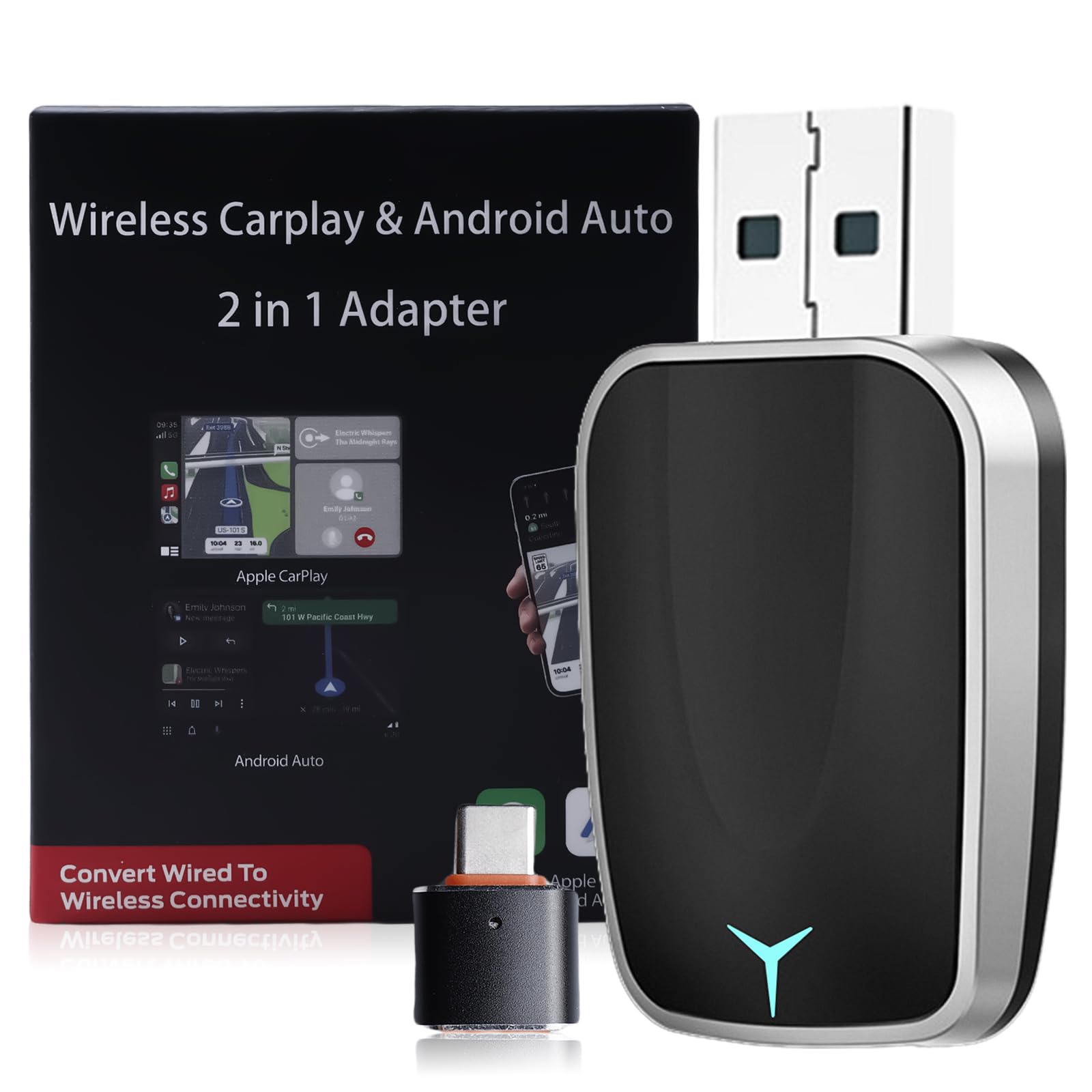 Adapter bezprzewodowy CarPlay 2 w 1 - USB-A/C Mini Android Auto dla iOS 12+ i samochodów z kablem CarPlay, Plug and Play